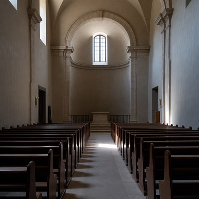 Empty Church Interior with Wooden Pews