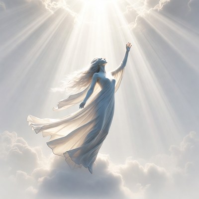 Woman floating in heavenly clouds
