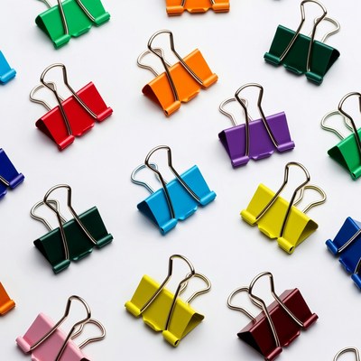 Colorful binder clips on white background
