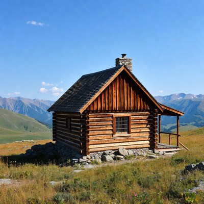Log cabin in mountain meadow