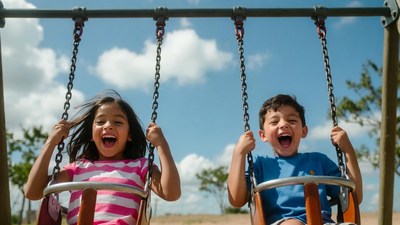 Boy and girl swinging on swings