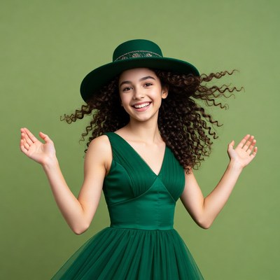 Girl in green dress and hat