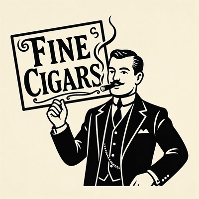 Vintage man holding Fine Cigars sign