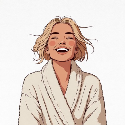 Blonde woman laughing in white robe