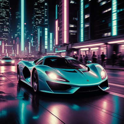 Turquoise Supercar Driving Neon City Street