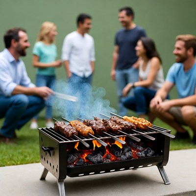 Group barbecuing meat skewers outdoors