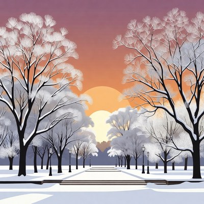 Snowy Trees Sunset Park Path