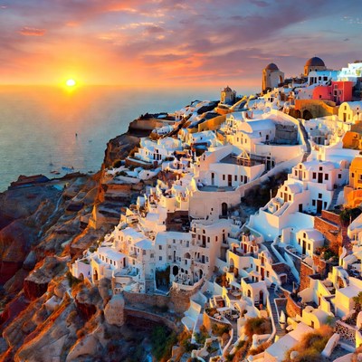 Santorini Sunset Over White Cliffside Village