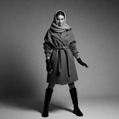 Woman in gray coat and headscarf