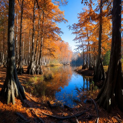 Autumn Bald Cypress Trees by Swamp