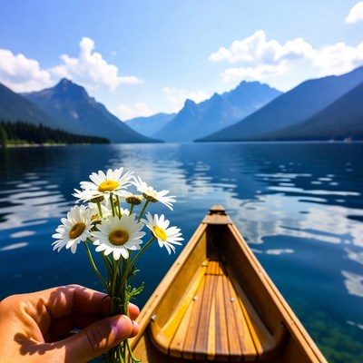 Hand holding daisies in canoe on lake