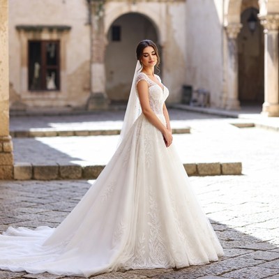 Bride in White Lace Gown in Courtyard