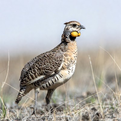 Greater Prairie Chicken holding yellow orbs