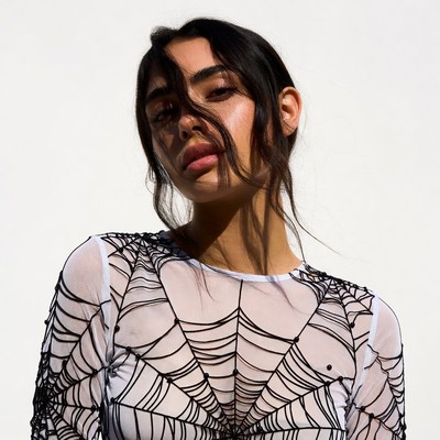 Woman in spiderweb mesh top