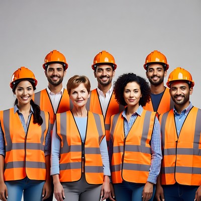 Diverse construction team wearing hard hats vests