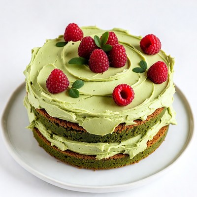 Green Matcha Cake with Raspberries