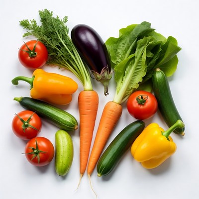 Fresh vegetables arranged on white background