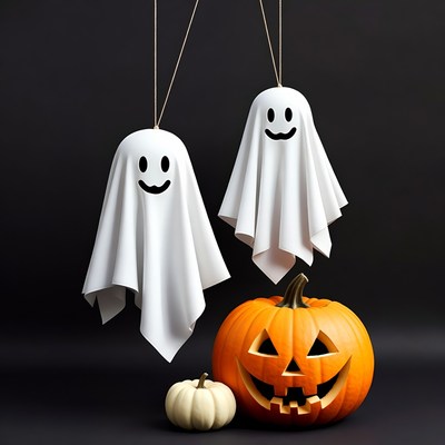 Hanging Ghosts with Jack-o-Lantern Pumpkins