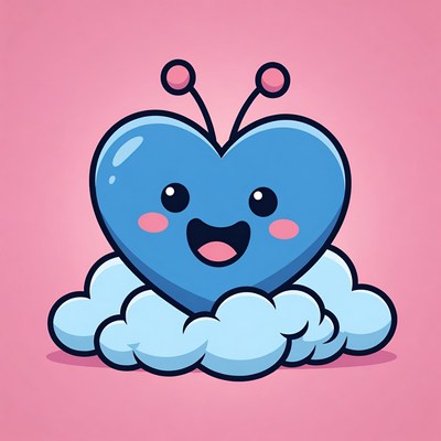 Cute Blue Heart Alien on Cloud