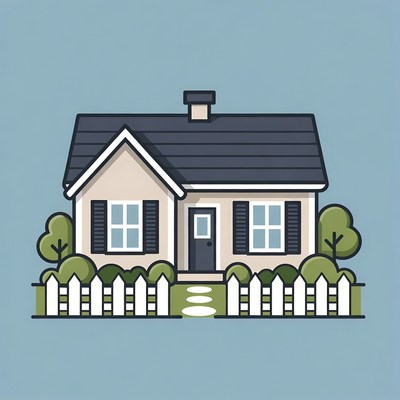 Cartoon House with White Picket Fence