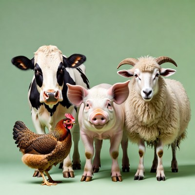 Cow Pig Sheep Chicken Standing Together