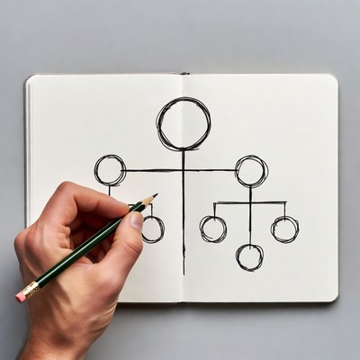 Man drawing organizational chart notebook
