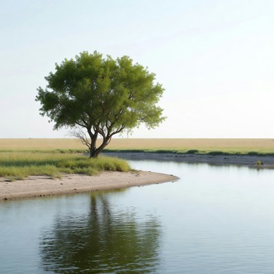 Lone green tree by river bend