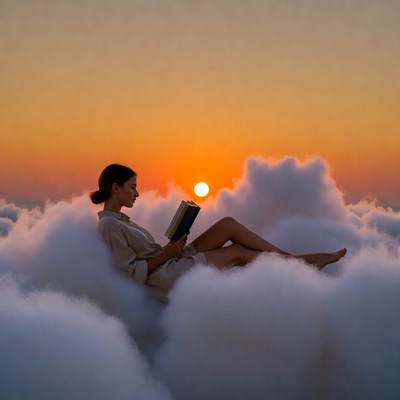 Woman reading book on clouds at sunset