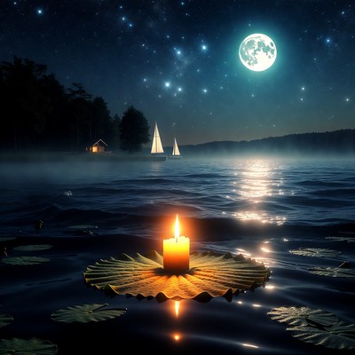 Candle on lily pad under starry moonlit lake