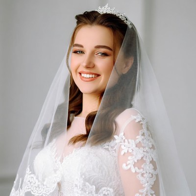 Bride smiling in lace wedding dress