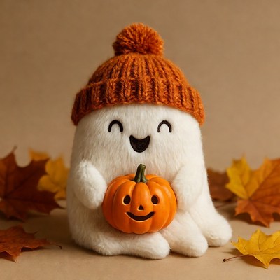 White Ghost Plush Holding Pumpkin
