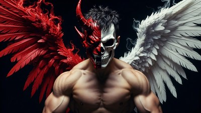 Muscular man in demon angel mask