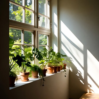 Houseplants on Sunlit Windowsill