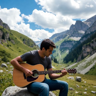 Man playing guitar in mountains