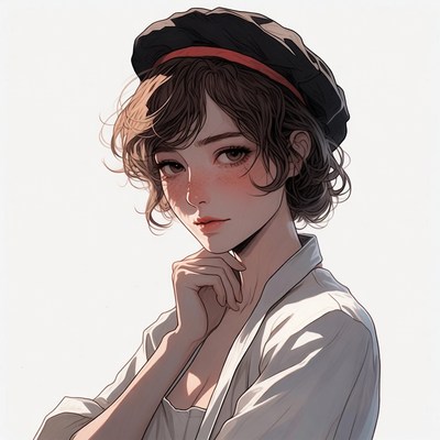 Anime girl with beret hand on chin