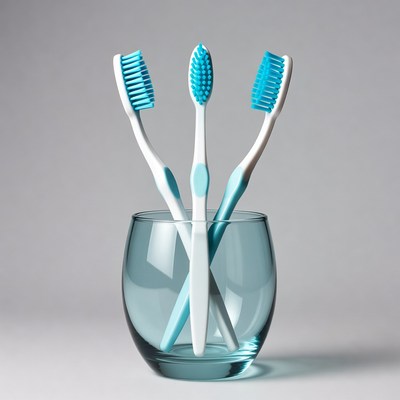 Three Blue Toothbrushes in Glass Cup