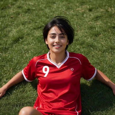 Asian woman in red soccer jersey on grass