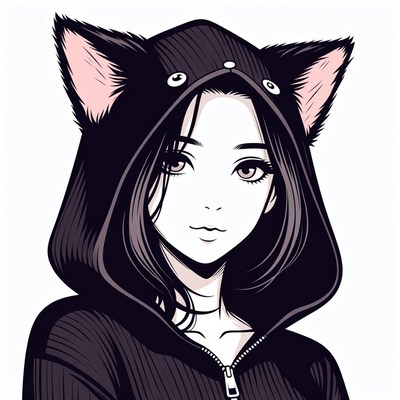 Anime girl in black cat hoodie