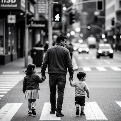 Father walking with children across crosswalk