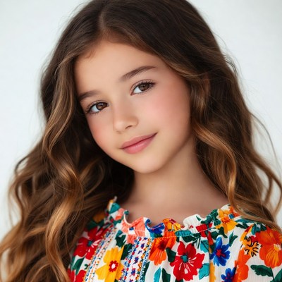 Smiling girl in colorful floral dress