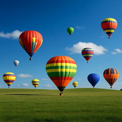 Colorful hot air balloons over green field