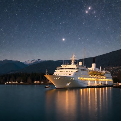 Cruise Ship Docked at Night Harbor