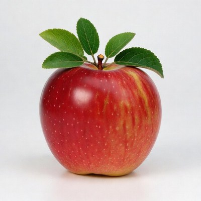 Red apple with green leaves