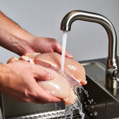 Man washing raw chicken under faucet