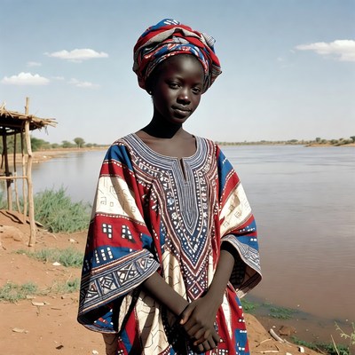 African girl in colorful dress by river