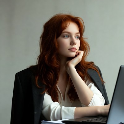 Redhead woman working at laptop