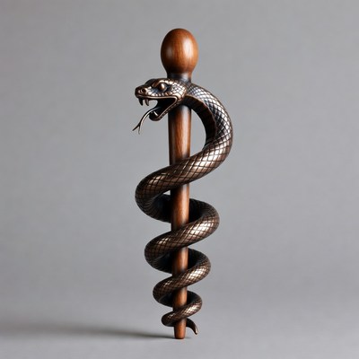 Wooden Rod of Asclepius with Snake