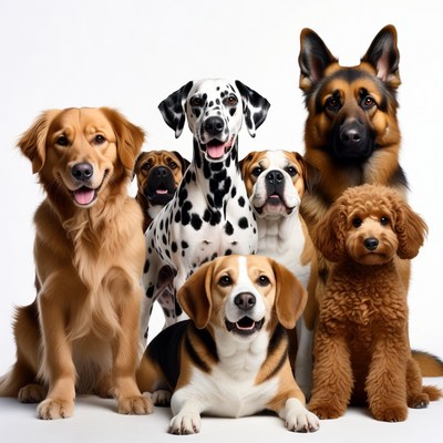 Group of Seven Dogs Posing Together