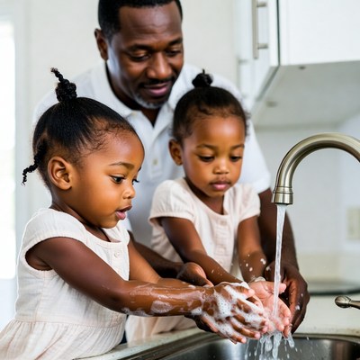 African-American father teaching twin girls handwashing