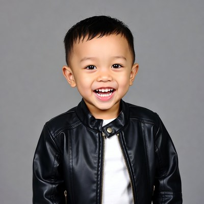 Asian boy smiling in leather jacket
